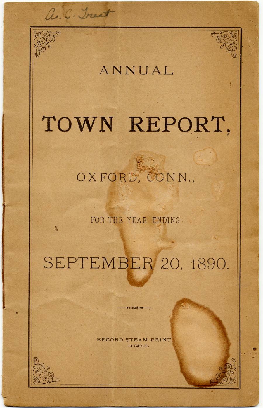 Oxford Town Report for year ending September 20, 1890 - Cover