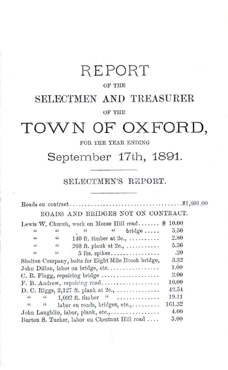Oxford Town Report for year ending September 17, 1891 - Page 1