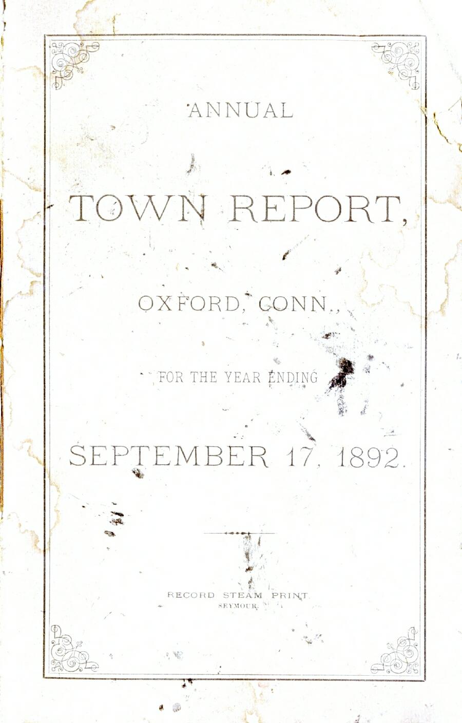 Oxford Town Report for year ending September 17, 1892 - Cover