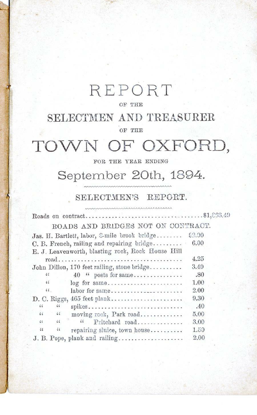 Oxford Town Report for year ending September 20, 1894 - Page 1