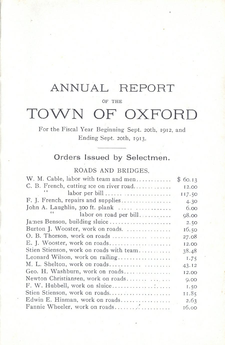 Oxford Town Report for year ending September 20, 1913 - Page 1