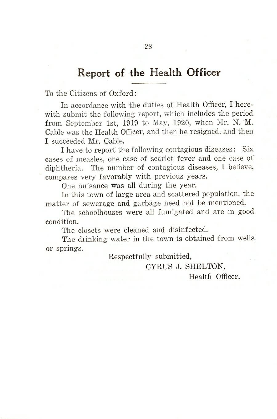 Oxford Town Report for year ending August 31, 1920 - Page 28
