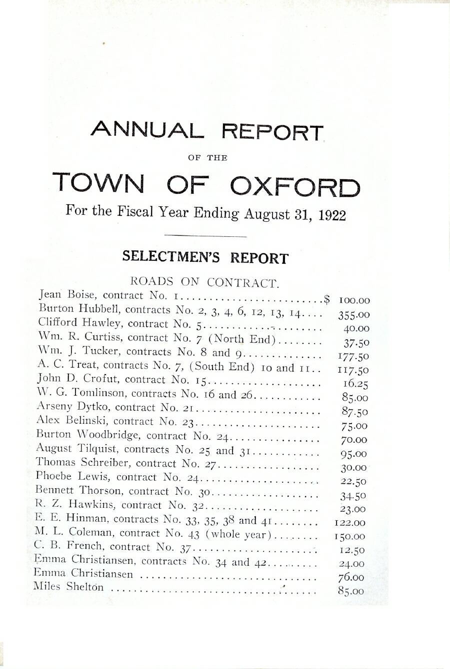 Oxford Town Report for year ending August 31, 1922 - Page 1